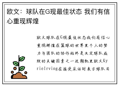 欧文：球队在G现最佳状态 我们有信心重现辉煌