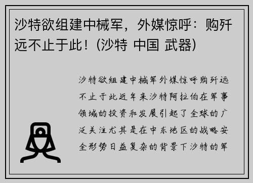 沙特欲组建中械军，外媒惊呼：购歼远不止于此！(沙特 中国 武器)