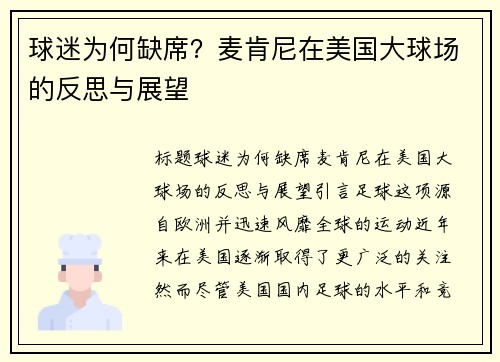 球迷为何缺席？麦肯尼在美国大球场的反思与展望